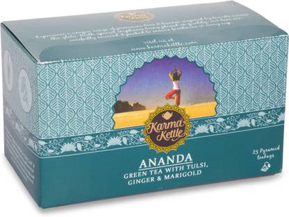 Karma Kettle Ananda, Green Tea with Tulsi, Ginger, and Marigold , 25 Pyramid tea bags Tulsi, Ginger, Marigold Green Tea Bags Box
