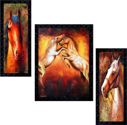 Janki Online Set of 3 Hores Modern Art Glass Framed Wall Painting For Home Office and Temple and Home Décor Digital Reprint 14 inch x 11 inch Painting