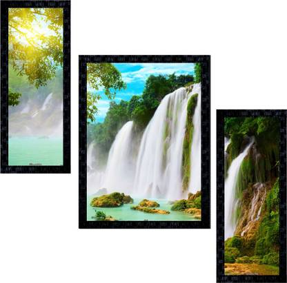 Janki Online Set of 3 Scenery Modern Art Glass Framed Wall Painting For Home Office and Temple and Home Décor Digital Reprint 14 inch x 11 inch Painting