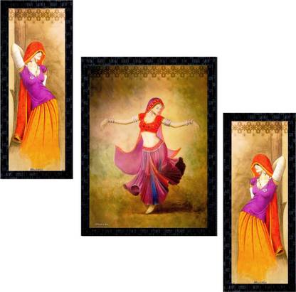 Janki Online Set of 3 Rajasthani Modern Art Glass Framed Wall Painting For Home Office and Temple and Home Décor Digital Reprint 14 inch x 11 inch Painting