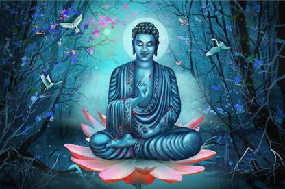 Masstone Blessing Blue Buddha Sparkle Coated Self Adhesive Wallpaper Without Frame Digital Reprint 24 inch x 36 inch Painting