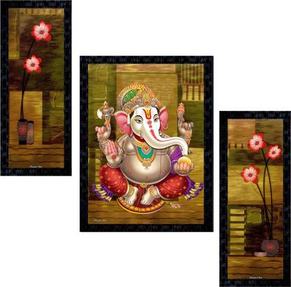 Janki Online Set of 3 Ganesha Modern Art Glass Framed Wall Painting For Home Office and Temple and Home Décor Digital Reprint 14 inch x 11 inch Painting