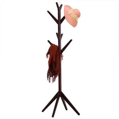 HOUSE OF QUIRK Free Standing Bamboo Tree Shaped Display Coat Rack Hanger Stand with 4 Tiers 8 Hooks and Solid Feet for Clothes Scarves and Hats - Bamboo Dark Brown Solid Wood Coat and Umbrella Stand