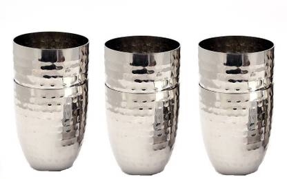 KM (Pack of 6) Stainless Steel Hammered Glasses - Set of 6 (250 ML Each) Glass Set Water/Juice Glass