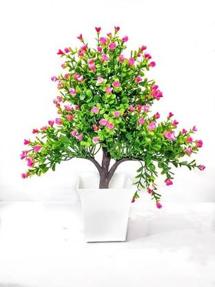 ChoicIt Bonsai Artificial Tree with Pot with Realistic Detailing ( 11 inch, Green & Pink ) बोनसाई नकली पौधा पॉट के साथ