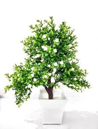 ChoicIt Bonsai Artificial Tree with Pot with Realistic Detailing ( 11 inch, Green & White ) बोनसाई नकली पौधा पॉट के साथ