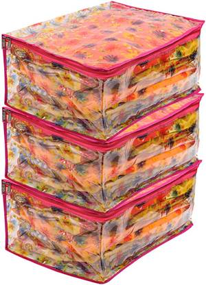 KUBER INDUSTRIES Floral Design Transparent 3 Pieces Saree Cover (Maroon) -CTKTC5933 CTKTC05933