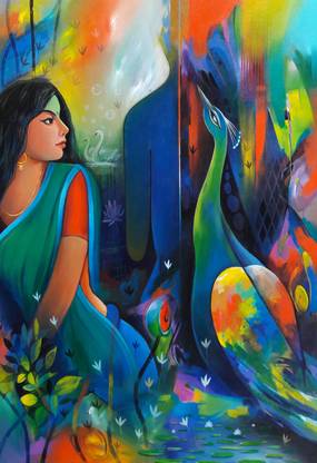 Digital Painting Peacock Gossip with Women POSTER LARGE Print on 36x24 INCHES Fine Art Print