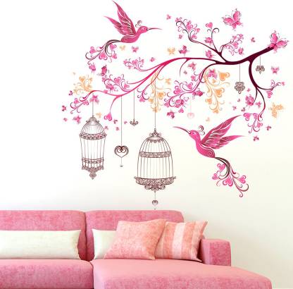Flipkart SmartBuy 100 cm Wall Stickers Floral Branch Pink with Birds Butterflies & Lamps For Bedroom Self Adhesive Sticker