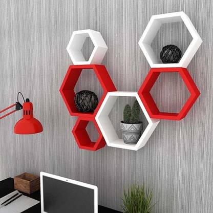 Hindwood Fancy 6 Pcs Hexagonal Wooden Wall Shelf Big Color-Red/White Colour :- Red/White , Material Used - MDF Size :- Big - 26 x 10 x 26 cm Med - 22 x 10 x 22 cm Small - 17 x 10 x 17 cm MDF (Medium Density Fiber), Wooden Wall Shelf