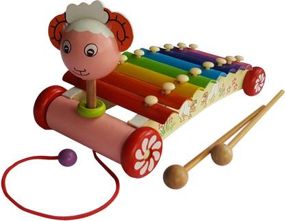 MDT India Wooden Xylophone Lamb Musical Rolling Toy 8 Notes with Wooden Sticks and Pulling String