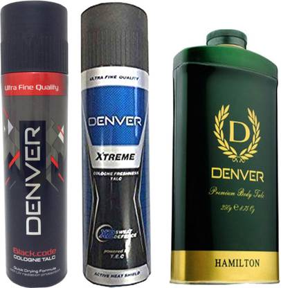 DENVER 1 HAMILTON PREMIUM BODY TALK 300GM + 1 XTREM COLOGNE TALC 300GM + 1 BLACK CODE TALC 300GM