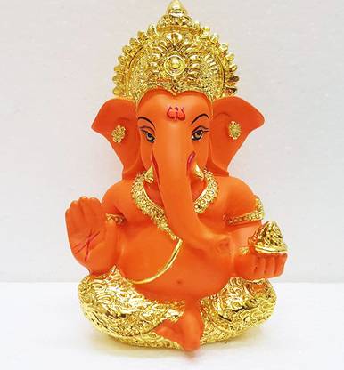 Gold Art India Gold Art India Gold plated Mukut ganesha with orange terracotta work Decorative Showpiece  -  9 cm