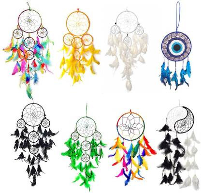 Vyne Pack Of 8 ( Beautiful Dream Catchers) 5 Ring Multi , 5 Ring Yellow ,5 Ring White , Evil Eye , 5 Ring Black , 5 Ring Green , Single Ring Multi & Yin Yang Decorative Showpiece  -  7 cm