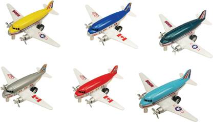 IndusBay Mini Diecast Metal Vintage Airplane Model Twin Propeller Passenger Aeroplane Toy - Set of 6