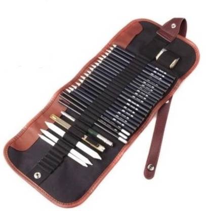 KRAPTICK 29 Pieces Professional Sketching & Drawing Art Tool Kit with Graphite Pencils, Charcoal Pencils, Paper Erasable Pen, Craft Knife-Lightwish (with Canvas Rolling Pouch)