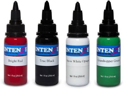 Intenze Bright Red, True Black,Snow White Opaque,Grasshopper Green Tattoo Ink