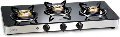 Glen 3 Burner Glass Gas Stove 1033 GT Brass Burners with Auto Ignition Glass Automatic Gas Stove