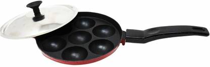 Dolphin 7 Cavity Red appam maker nonstick with Handle and lid Pancake Pan 17.2 cm diameter with Lid 0 L capacity