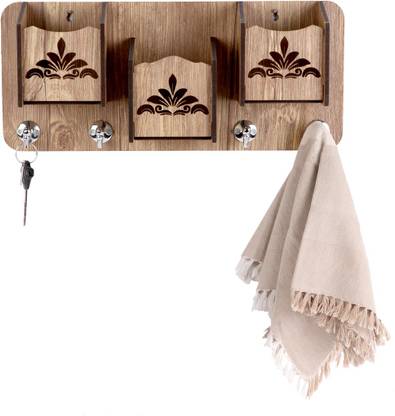 SEHAZ ARTWORKS 3-Pocket-Flora-Big-Keyholder Wood Key Holder
