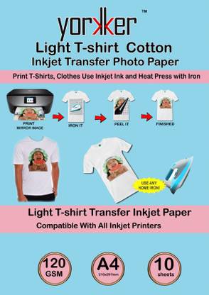 Yorkker LC T-shirt Light Cotton Inkjet Transfer Photo Paper Pack of 10 Sheets| DIY Print T-Shirts, Clothes Use Inkjet Ink and Heat Press with Iron A4 sise 10 x 1(10 Sheets) Unruled A4 180 gsm Transfer Paper