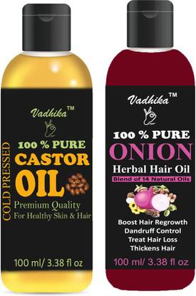 Vadhika 100 % Organic Castor oil & Onion oil pack of 2 bottle 200ml Hair Oil