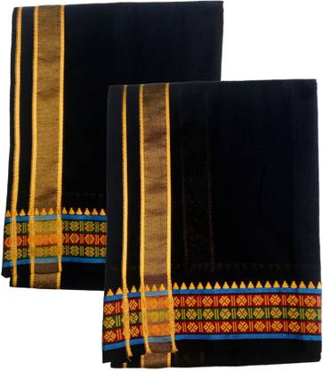 SHANMUGARAJA TEXTILES BLACK DHOTI {COMBO OF 2 PCS} Woven Men Dhoti