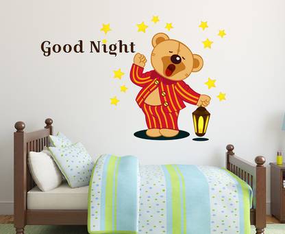 WALLDECORS 60.96 cm TEDDY WITH LAMP GOOD NIGHT STICKER Self Adhesive Sticker