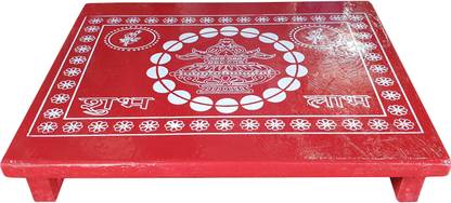 Maskey Red Painted Multi Use Shubh Laabh Hand Crafted ( 12" x 15" ) Premium Quality Wooden Pooja Patla / Path / Wooden All Purpose Chowki