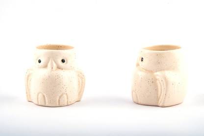 Ceramic Sellerzz White Owl Handmade Indoor Balcony Planter Pot Set of 2 Plant Container Set