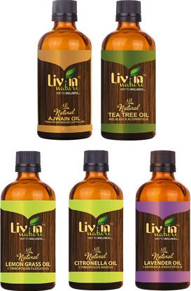 लिव इन नेचर Set of 5 Essentials Oils_ Lemongrass, Citronella, Teatree, Lavender, Ajwain (5ml each)