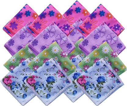 Your's Favourite Luxury Flower Pattern Multicolor Cotton Hanket with chain (Pack of 12) ["Multicolor"] Handkerchief