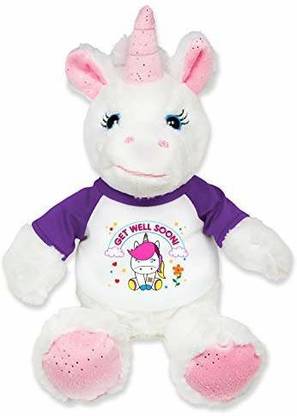 Flutter Hut Get Well Soon Unicorn Plush Pink Sparkles Message T-Shirt Purple Sleeves 8 inches  - 8 inch