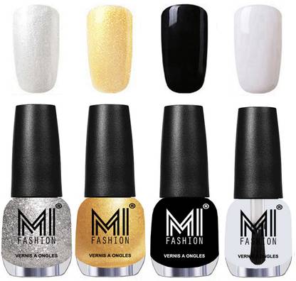 MI FASHION New Collection High Shine Long Wearing Nail Polishes Combo 12ml each Combo No-02 Metallic Silver,Metallic Golden,Jet Black,Top Coat