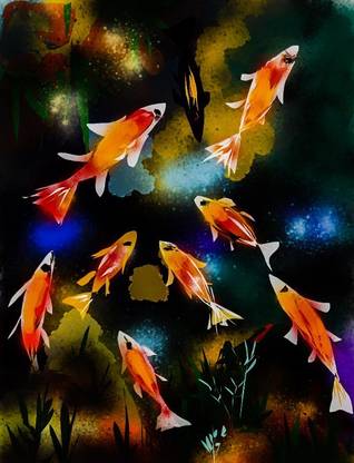 SHSWorks Golden Koi Fish Unframed Fengshui Vastu Wall Art Canvas Artwork Signed By Artist for Living Room Bedroom Home & Office Decor Digital Reprint 30 inch x 25 inch Painting