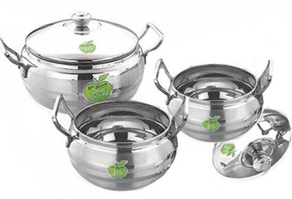 JVL Globe Pot Silver Touch Stainless Steel Cooking Sauce Pot Handi Vessel with Lid - 3 Pcs Set Handi 800 ml, 1250 ml, 1900 ml with Lid