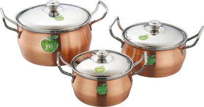 JVL Stainless Steel Blaze Pot Full Copper Outside, Inside Steel - 3 Pcs Set Handi 1300 ml, 2200 ml, 850 ml with Lid