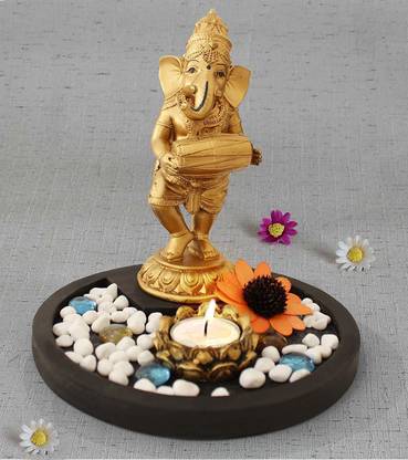 TIED RIBBONS Golden Ganesha playing Tabla Decorative Showpiece  -  22 cm