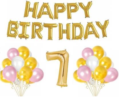 KHR Printed Happy Birthday Balloon Letters Banner 7 Number Foil Balloon With Gold, Balloon