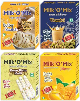 Milk'O'Mix Butterscotch, Thandai, Kisar Pista Kulfi and Mango Flavored Milk Powder