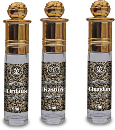 ASHTAAROMAS Firdaus, Chandan and Kasturi Attar, (Combo of 3 Pcs 9 ML Each) Herbal Attar