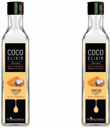 COCO Elixir Enriched Virgin Coconut Oil with Turmeric (250 ml) Pack of 2 Coconut Oil Glass Bottle