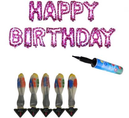 Adhvik (Set Of 5) Solid Transparent Helium/Air LED Lights Balloon;Happy Birthday (13 Alphabets) Letter Foil Air Balloons & Inflator Portable Hand Held Air Pump Toy For Birthday Party Decorations