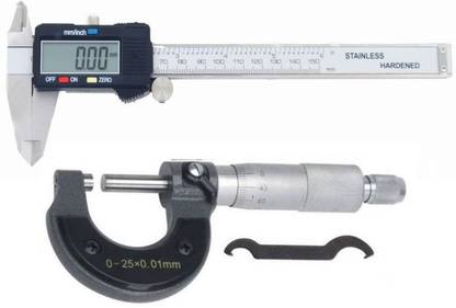 Divinext Combo Digital Caliper 0-150mm + Manual Micrometer 0-25mm Outside Micrometer Screw Gauge Electronic Gauge Ruler Digital Vernier Caliper Wrench Measuring Instrument Tool to Measure Distance Between Two Sides, Outer Diameter, External Dimensions, Inside + Outside + Depth + Step Digimatic Caliper 0–150 mm/0–6 inch Metric/Imperial Dual Reading IP54 Water Resistant Hardened Stainless Steel Micrometer Screw Gauge