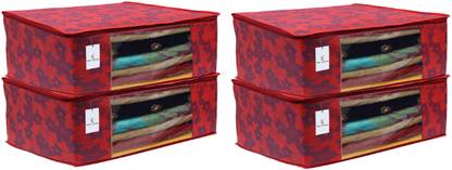 KUBER INDUSTRIES Metalic Flower 4 Piece Non Woven Saree Cover Set, Red,7 Inches Height CTKNEW0300