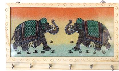 Paheli Craft Wooden Gem Stone Key Holder With 6 Hooks Traditional Painting Key Hanger Wall Hanging (8X4 Inch) Wood Key Holder