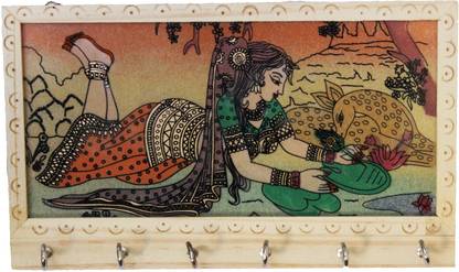 पहेली क्राफ्ट Wooden Gem Stone Key Holder With 6 Hooks Traditional Painting Hanger Wall Hanging (8X4 Inch) लकड़ी की होल्डर