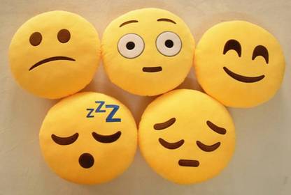 Flymoon Polyester Fibre Decorative Cushion Pack of 5 Big smile, sad, shocking & sleepy emoji pillow