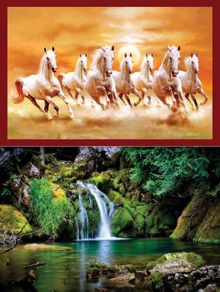 Vastu nano poster white 7 horse running sticker poster + Nature Beautiful Vastu Wallpaper Green Forest Pleasant Water Flow Sticker Wall Frames are not Included - Only Poster Paper Print (12 inch X 18 inch, Only Poster.) ( 2 Combo ) Fine Art Print