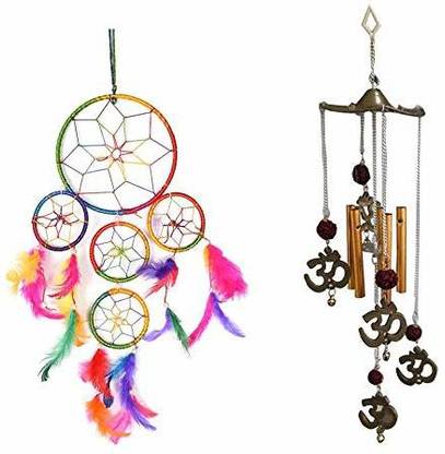 Vyne Combo of 5 Ring Multi Color Dream Catcher And Om Rudraksha Windchime Wool, Plastic Windchime